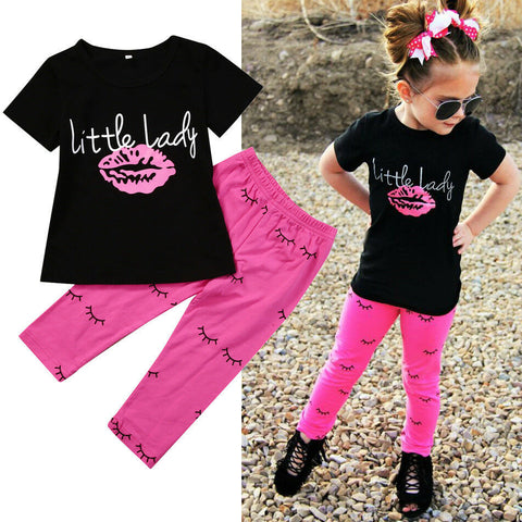 2-Piece Set Outfit T-shirt Letter Lip Tops +Printed Long Pants